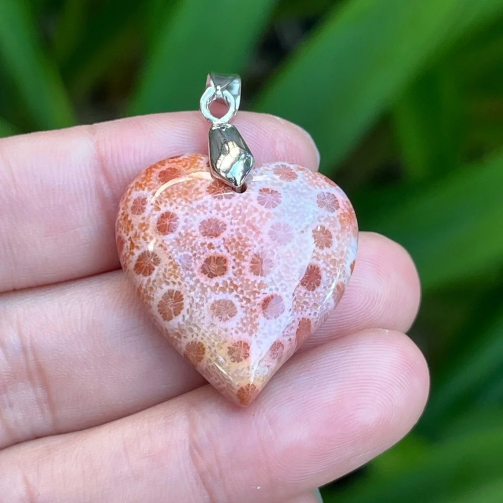 925‎ silver plated natural cute pink coral jade heart 1680